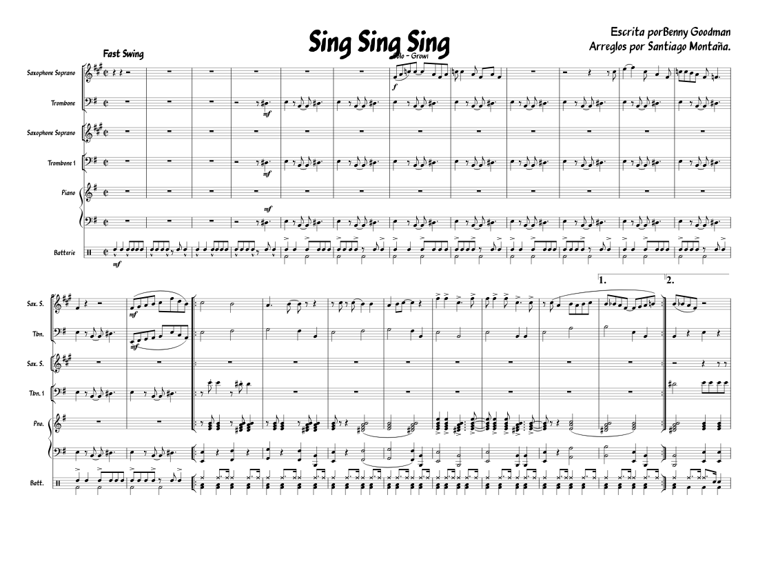 Sing Sing Sing Conducteur Avec Battrie Sheet Music For Piano Trombone Drum Group Saxophone Soprano Piano Sextet Musescore Com