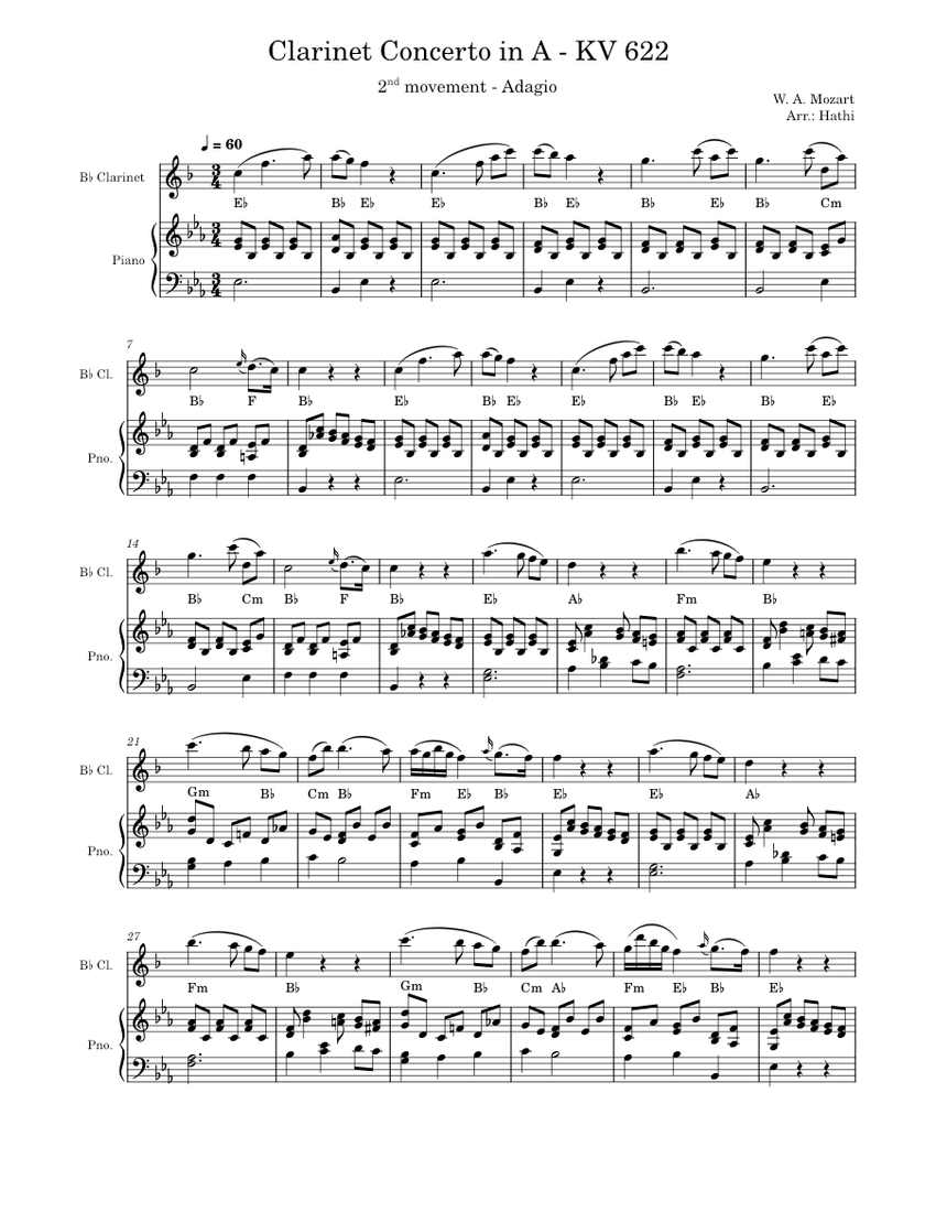 Mozart - Clarinet Concerto - Adagio (clarinet & piano) Sheet music for Piano,  Clarinet in b-flat (Mixed Duet) | Musescore.com