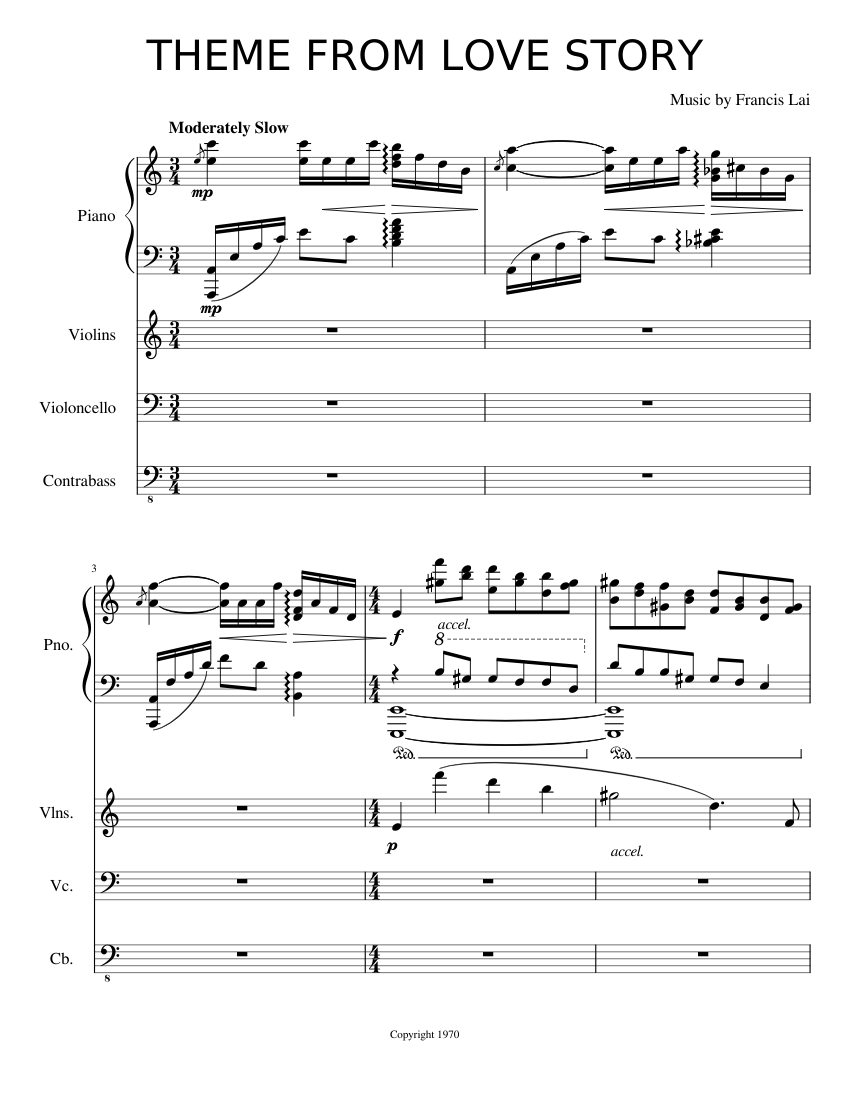 THEME FROM LOVE STORY Sheet music for Piano, Contrabass, Cello, Strings  group (Mixed Quartet) | Musescore.com