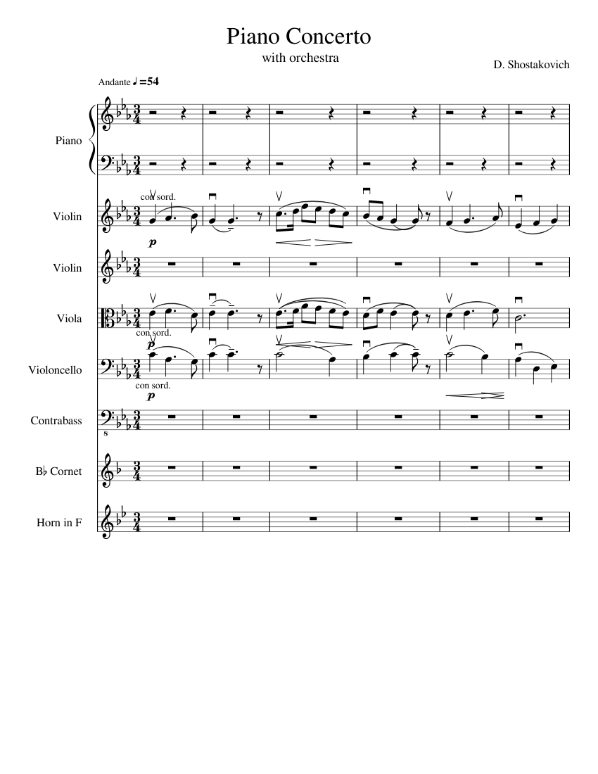 Shostakovich Piano Concerto 2 Andante with strings Sheet music for Piano,  Cornet, French horn, Contrabass & more instruments (Mixed Ensemble) |  Musescore.com