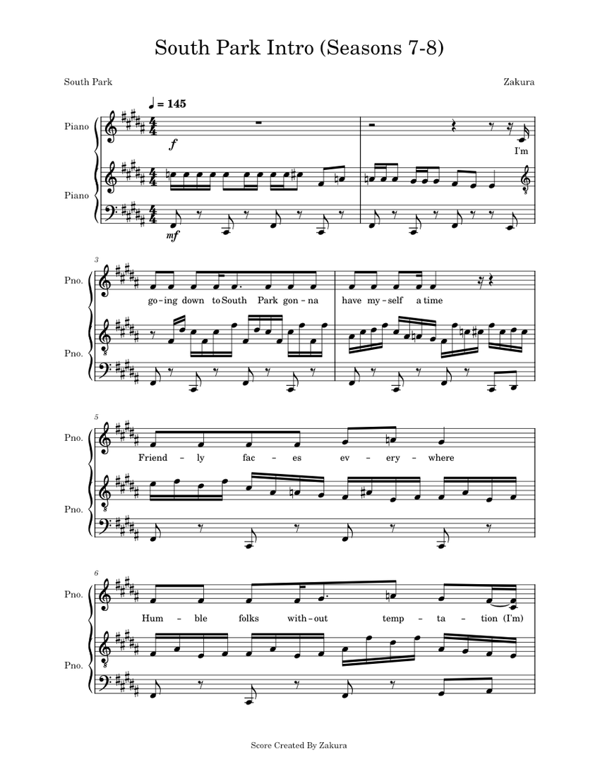 South Park Intro (Seasons 7-8) Sheet music for Piano (Piano-Voice) |  Musescore.com