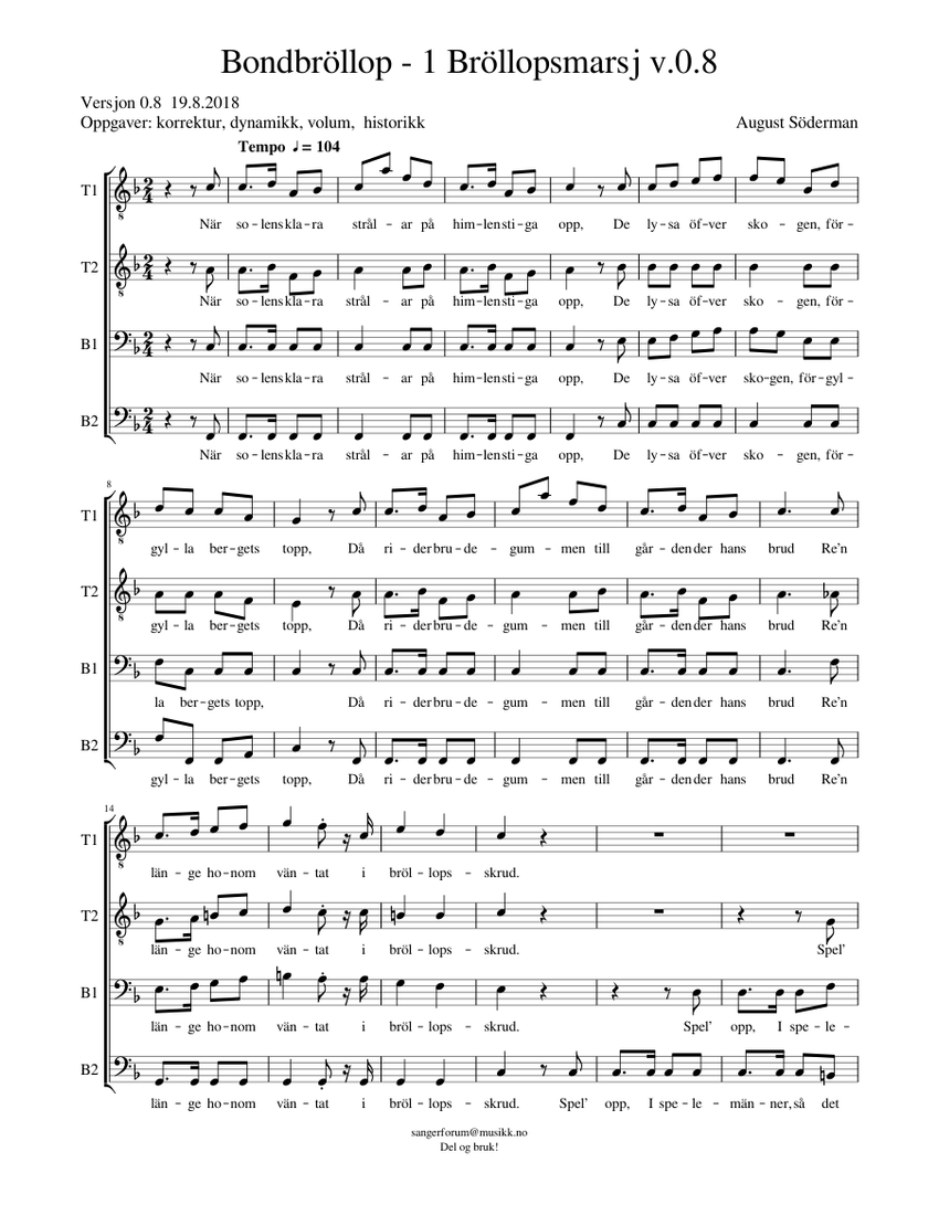 Bondbröllop Nr 1 BröllopsMarsch Sheet music for Tenor, Bass voice