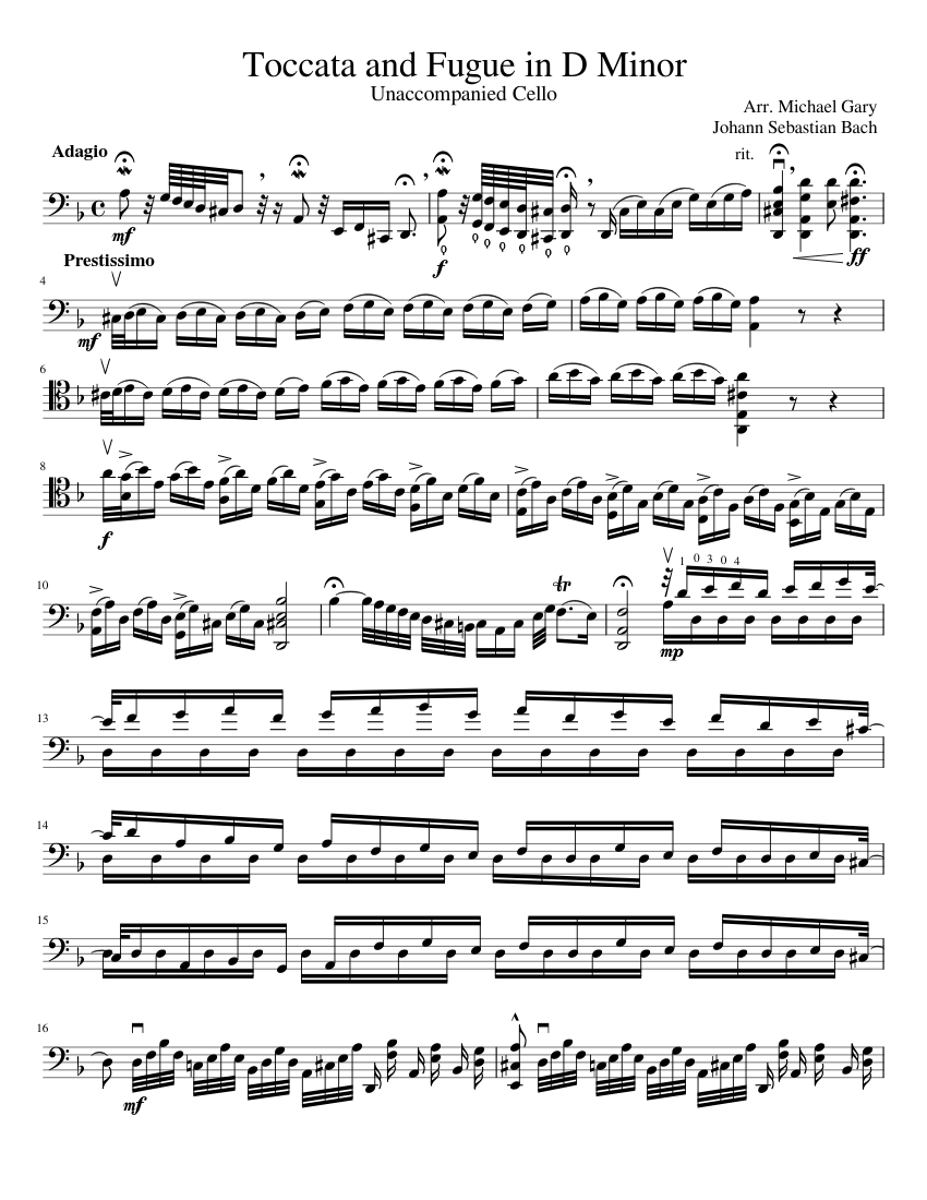 Toccata and Fugue in D Minor for Solo Cello Sheet Music for Cello (Solo ...