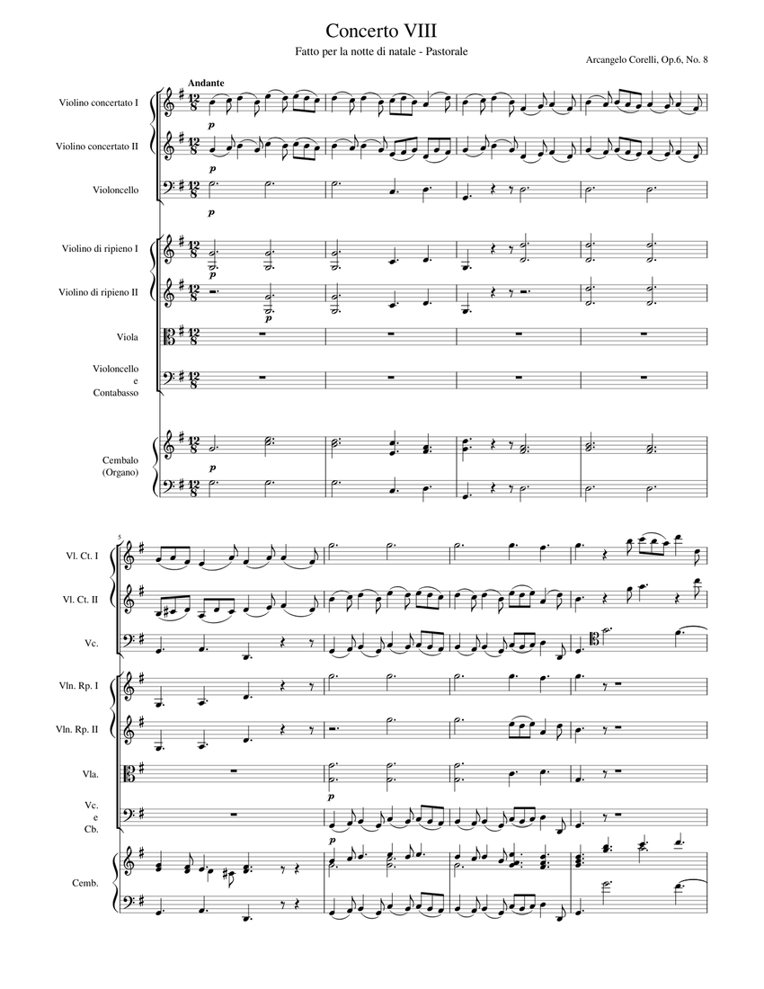 Concerto Grosso in G minor 'Fatto per la Notte di Natale', Op.6 No.8 -  Pastorale (Corelli, Arcangelo) Sheet music for Violin, Cello, Strings  Group, Harpsichord (String Orchestra) | Musescore.com