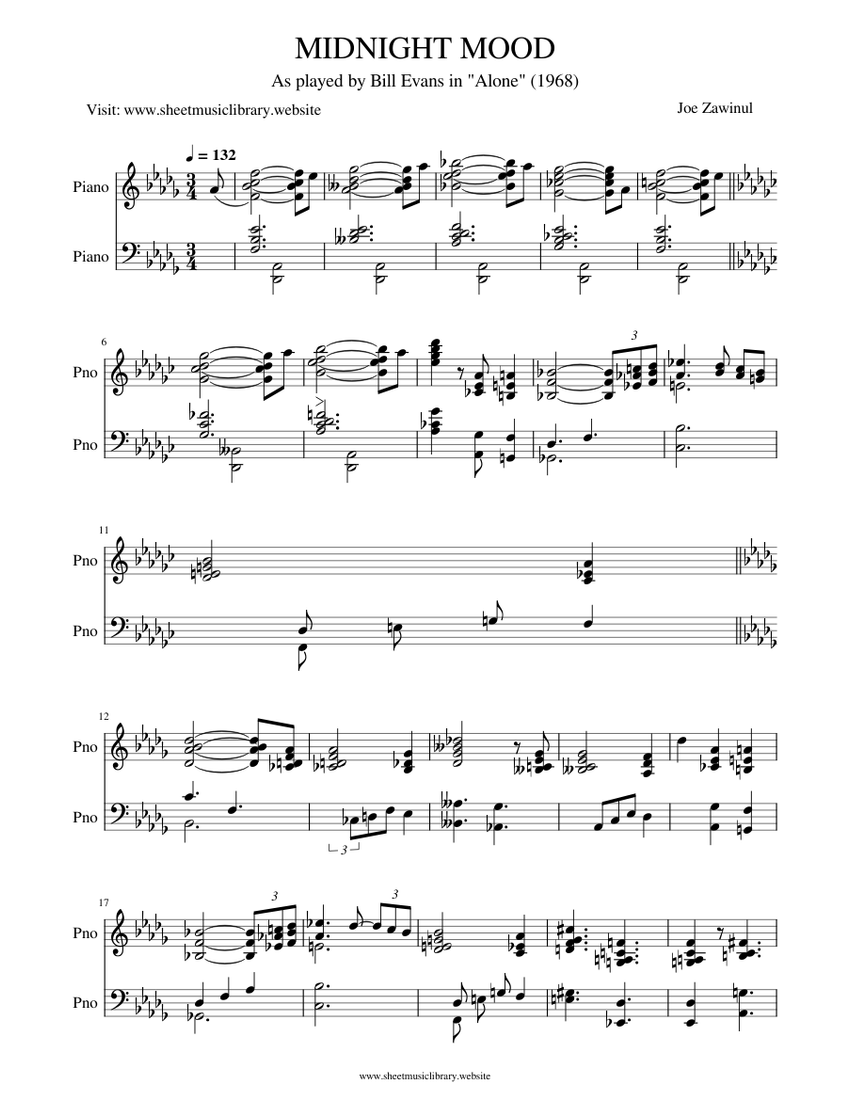 MIDNIGHT MODD – JOE ZAWINUL (As played by Bill Evans) Sheet music for Piano  (Solo) | Musescore.com