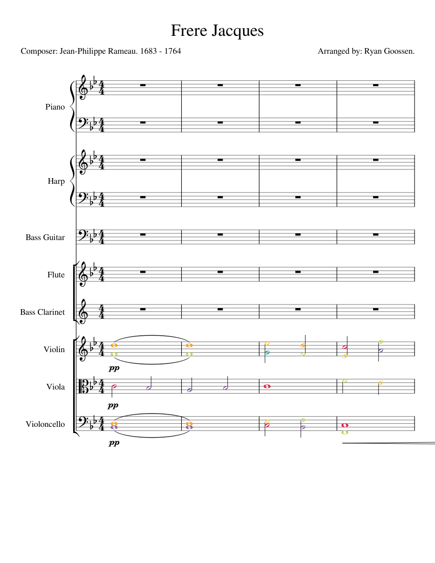 Frere Jacques Sheet music for Piano, Flute, Clarinet bass, Violin ...