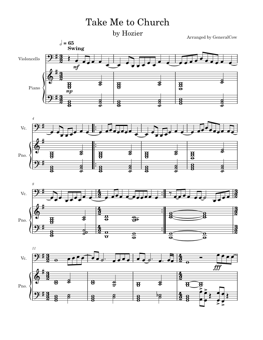 Take me to church – Hozier (Cello Solo w/ Piano Accompaniment) Sheet music  for Piano, Cello (Solo) | Musescore.com