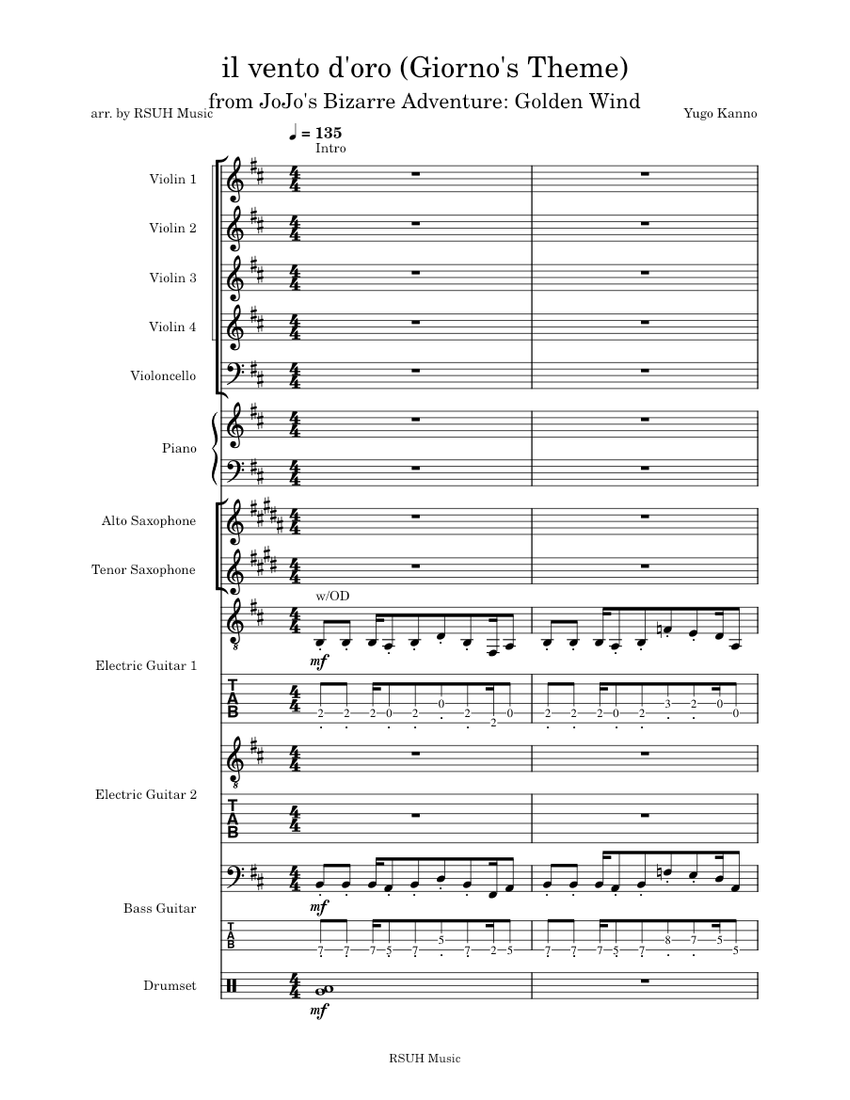 Il Vento D'oro (Giorno's Theme) Yugo Kanno Sheet music for Piano