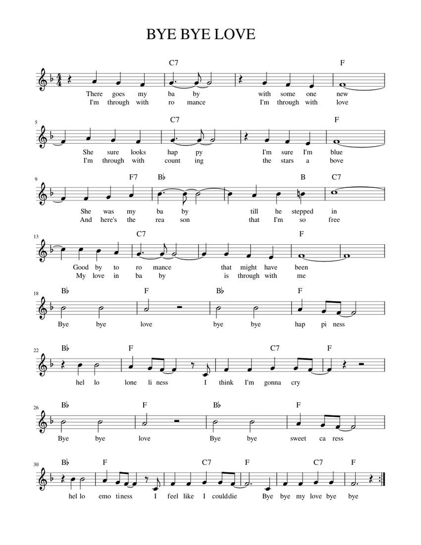 Bye bye love Sheet music for Piano (Solo) Easy