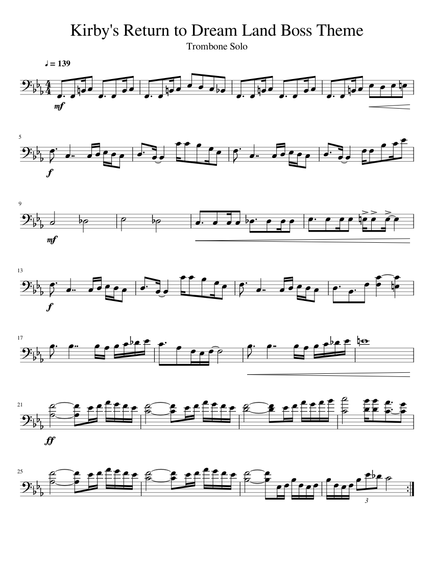 Kirby's Return to Dream Land Boss Theme Trombone Solo Sheet music for