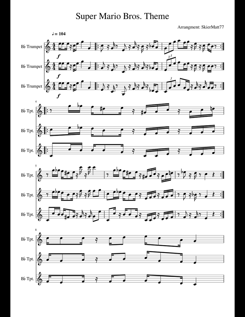 Super Mario Bros Sheet Music For Trumpet In B-flat (Brass Trio ...