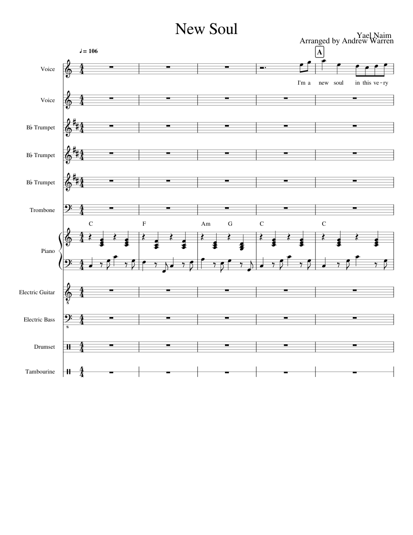 New Soul - Yael Naim Sheet music for Piano, Trombone, Vocals, Tambourine &  more instruments (Mixed Ensemble) | Musescore.com