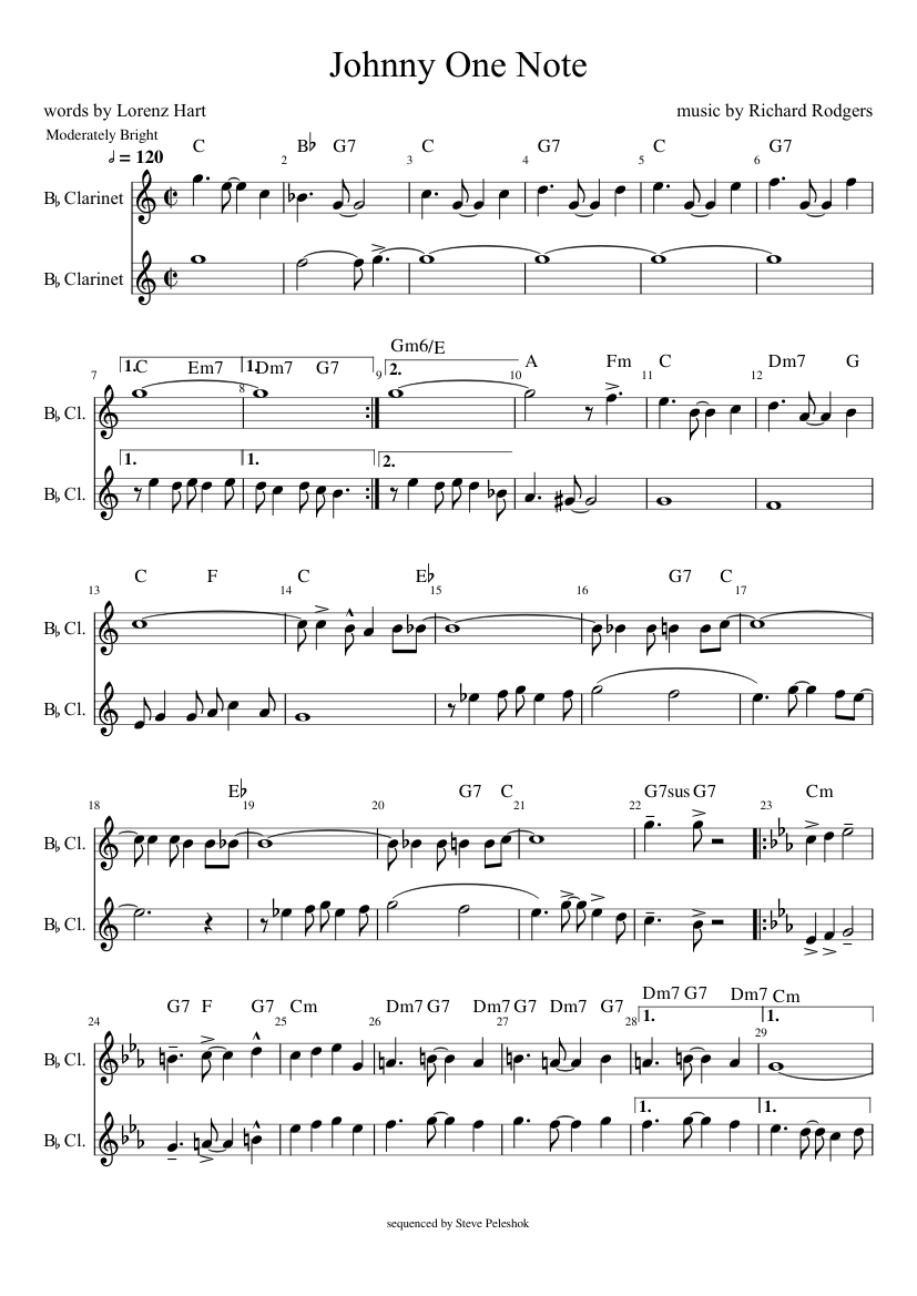 Johnny One Note Sheet Music with Chords for Woodwinds (other) (Woodwind ...