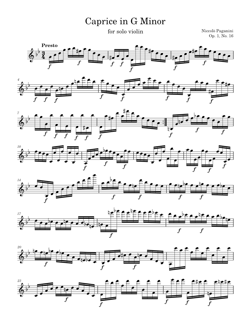 Solo Violin Caprice No. 16 in G Minor - N. Paganini, Op. 1, No. 16 Sheet  music for Violin (Solo) | Musescore.com