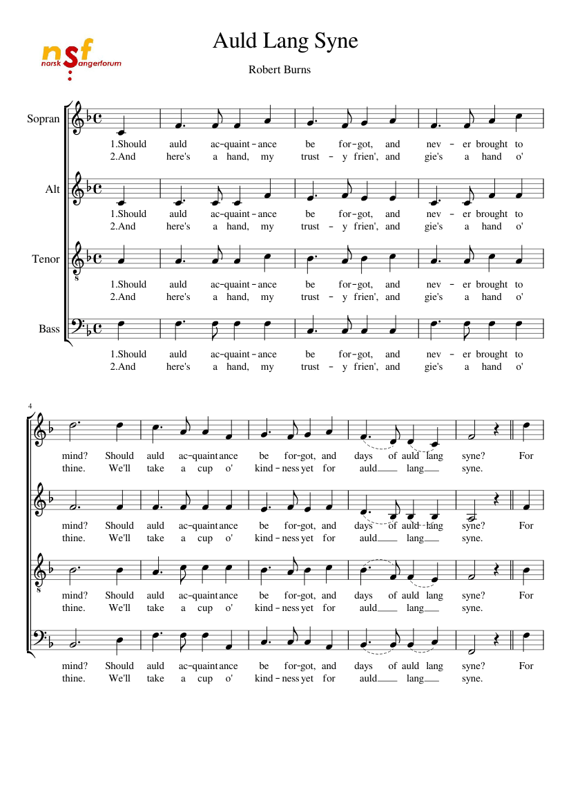 Auld Lang Syne Sheet music for Soprano, Alto, Tenor, Bass voice (Choral) |  Musescore.com