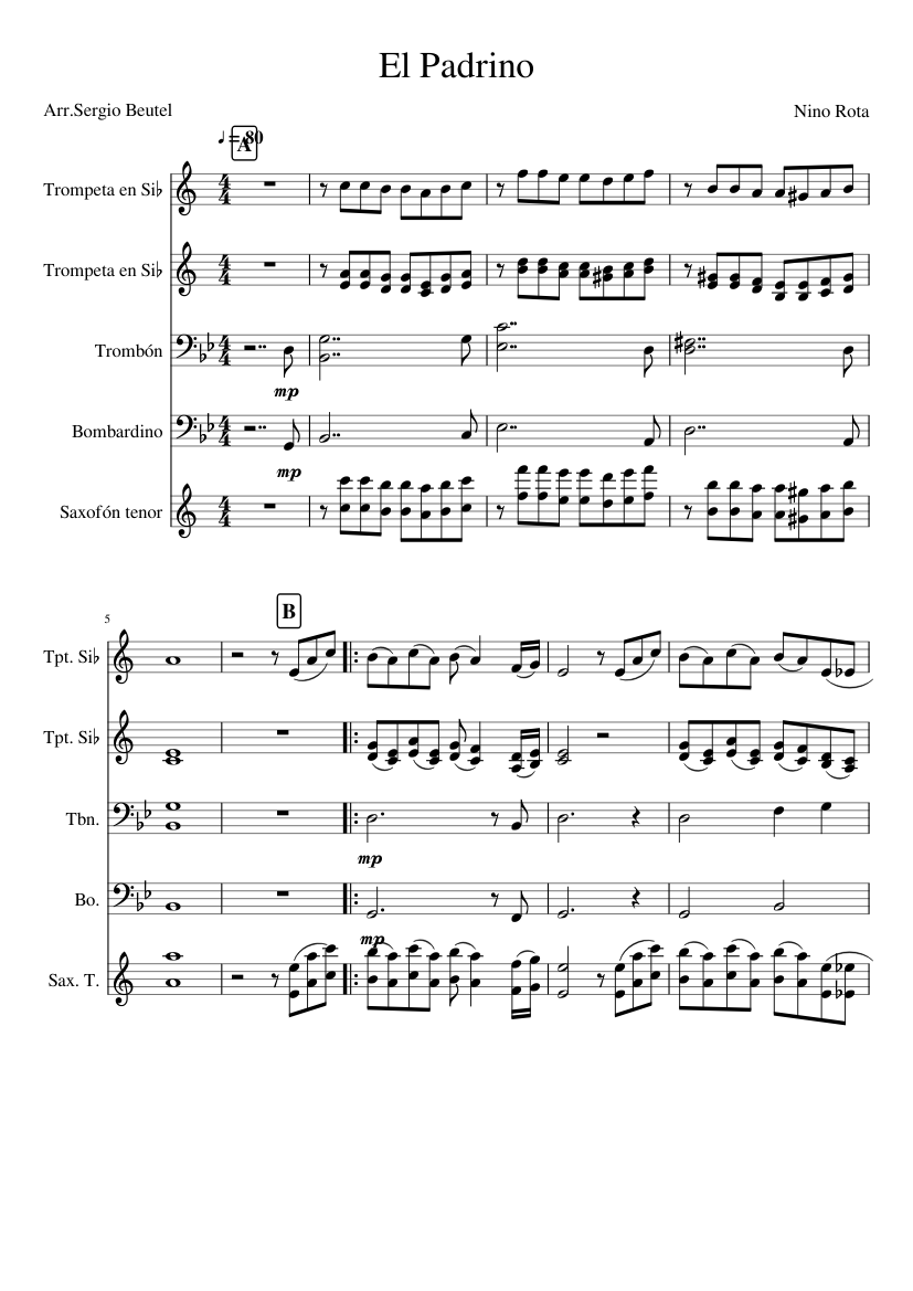 El Padrino - Partitura para Banda Sheet music for Trombone, Euphonium,  Saxophone tenor, Trumpet in b-flat & more instruments (Mixed Ensemble) |  Musescore.com