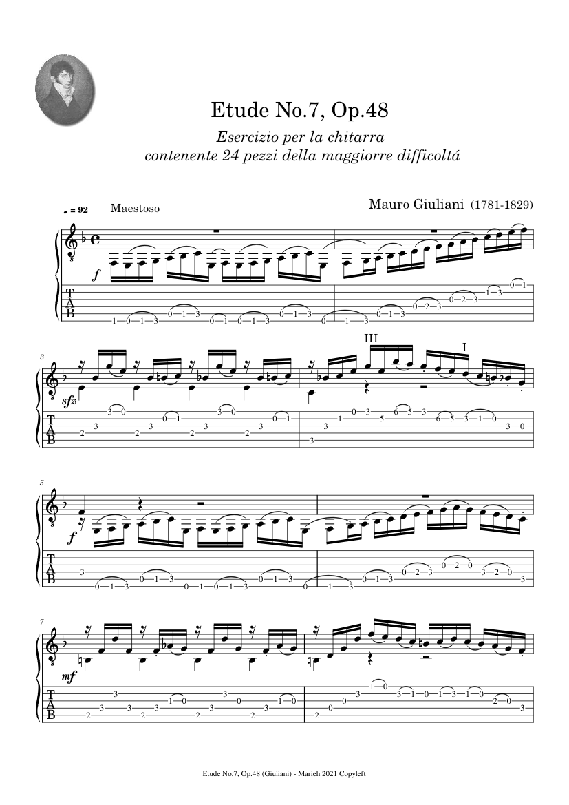 Etude No 7 Op 48 Mauro Giuliani Tablature Sheet Music For Guitar