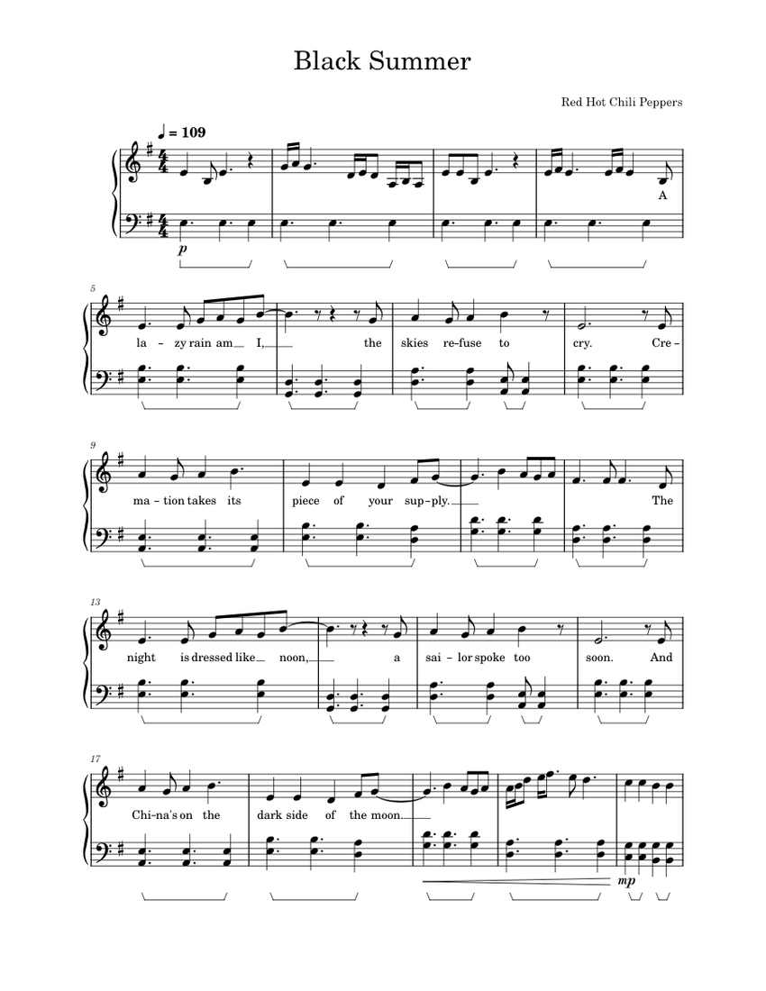 Black Summer Red Hot Chili Peppers Sheet music for Piano (Solo) Easy