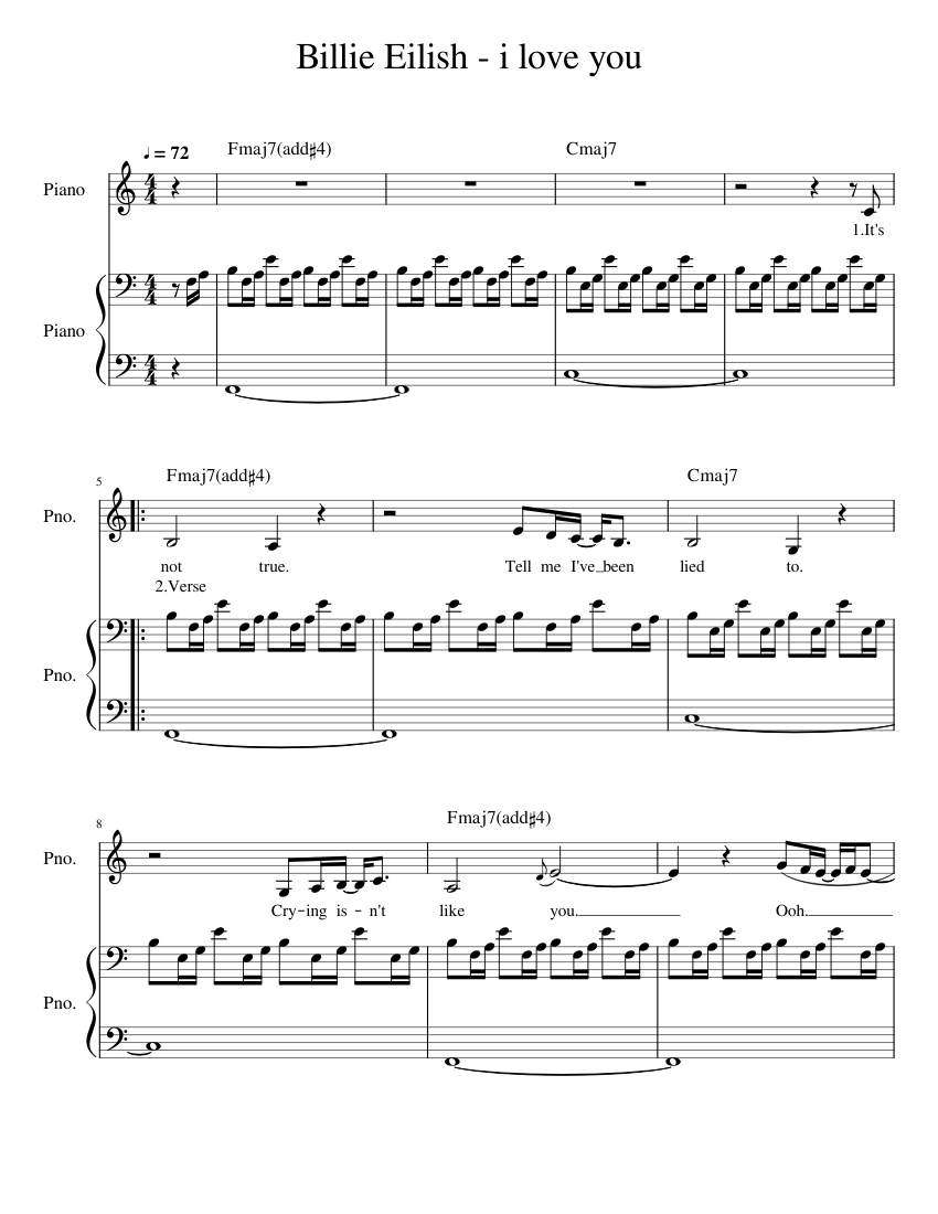 I Love You - Billie Eilish - melody, lyrics, chord names, and piano Sheet  music for Piano (Piano Duo) | Musescore.com