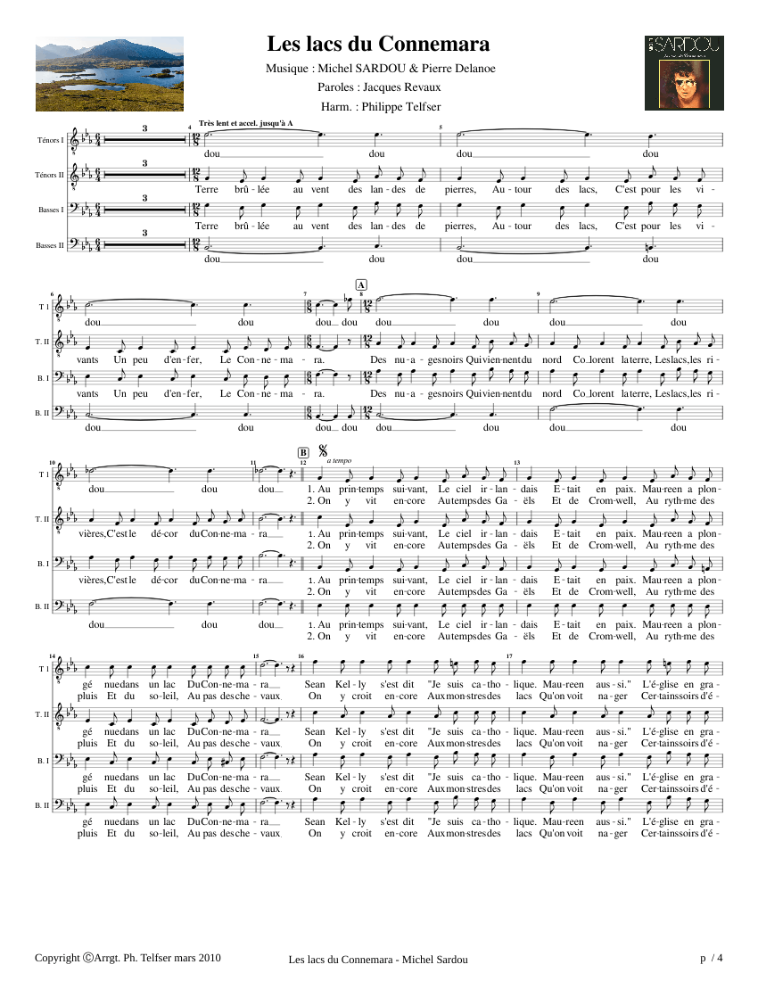Les lacs du Connemara - Michel Sardou (TTBB MuseScore) Sheet music for  Soprano, Alto, Bass voice, Baritone (SATB) | Musescore.com