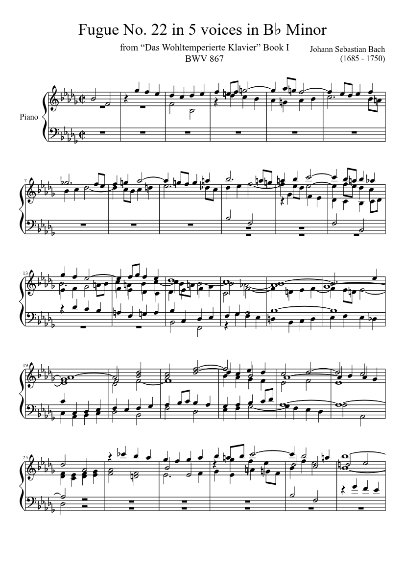 Fugue No. 22 BWV 867 In B♭ Minor Sheet Music For Piano (Solo ...