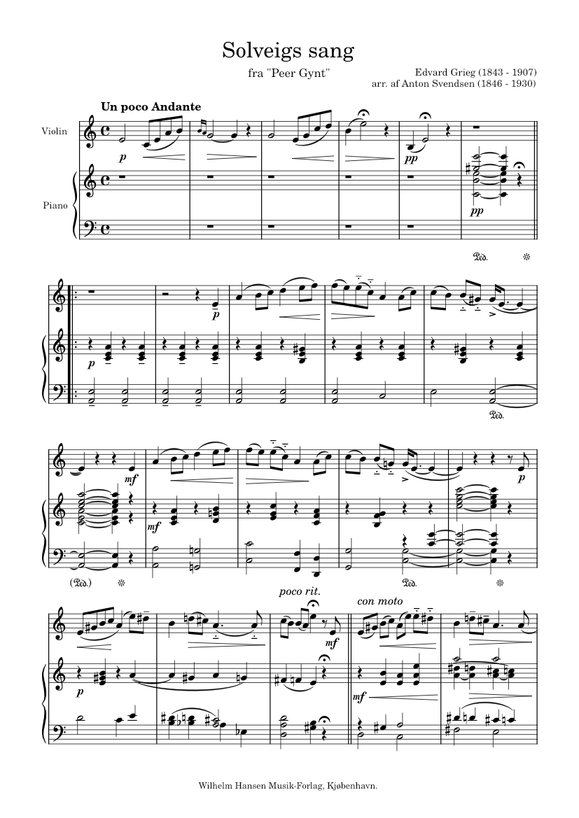 Solveigs sang Sheet music for Piano, Violin (Solo) | Musescore.com