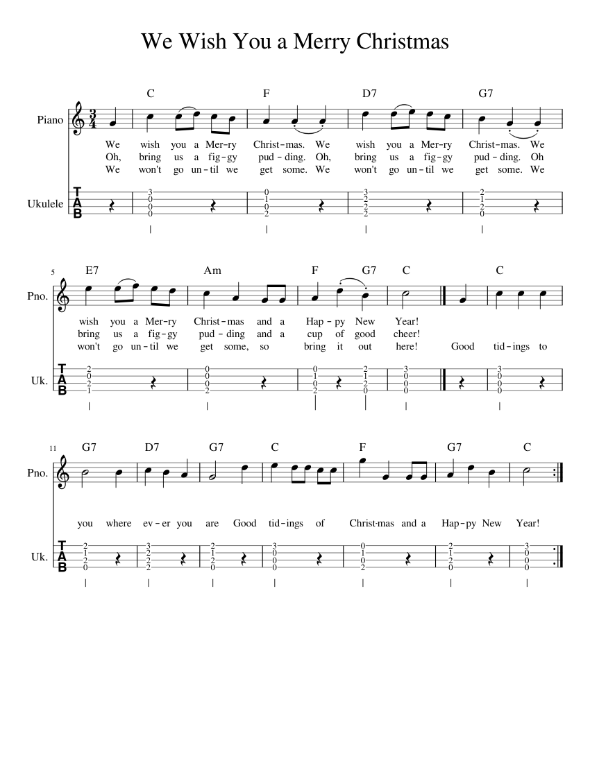 We Wish You a Merry Christmas in C (ukulele) Sheet music for Piano, Ukulele  (Mixed Duet) | Download and print in PDF or MIDI free sheet music |  Musescore.com