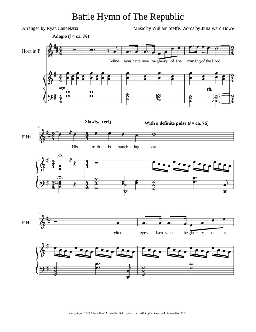 Battle Hymn of The Republic French Horn and Piano Duet Sheet music for