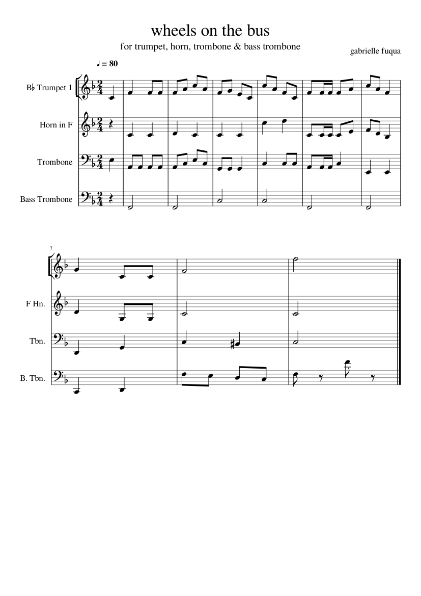 Wheels on the Bus Sheet music for Trombone, Trombone bass, Trumpet in  b-flat, French horn (Mixed Quartet) | Musescore.com