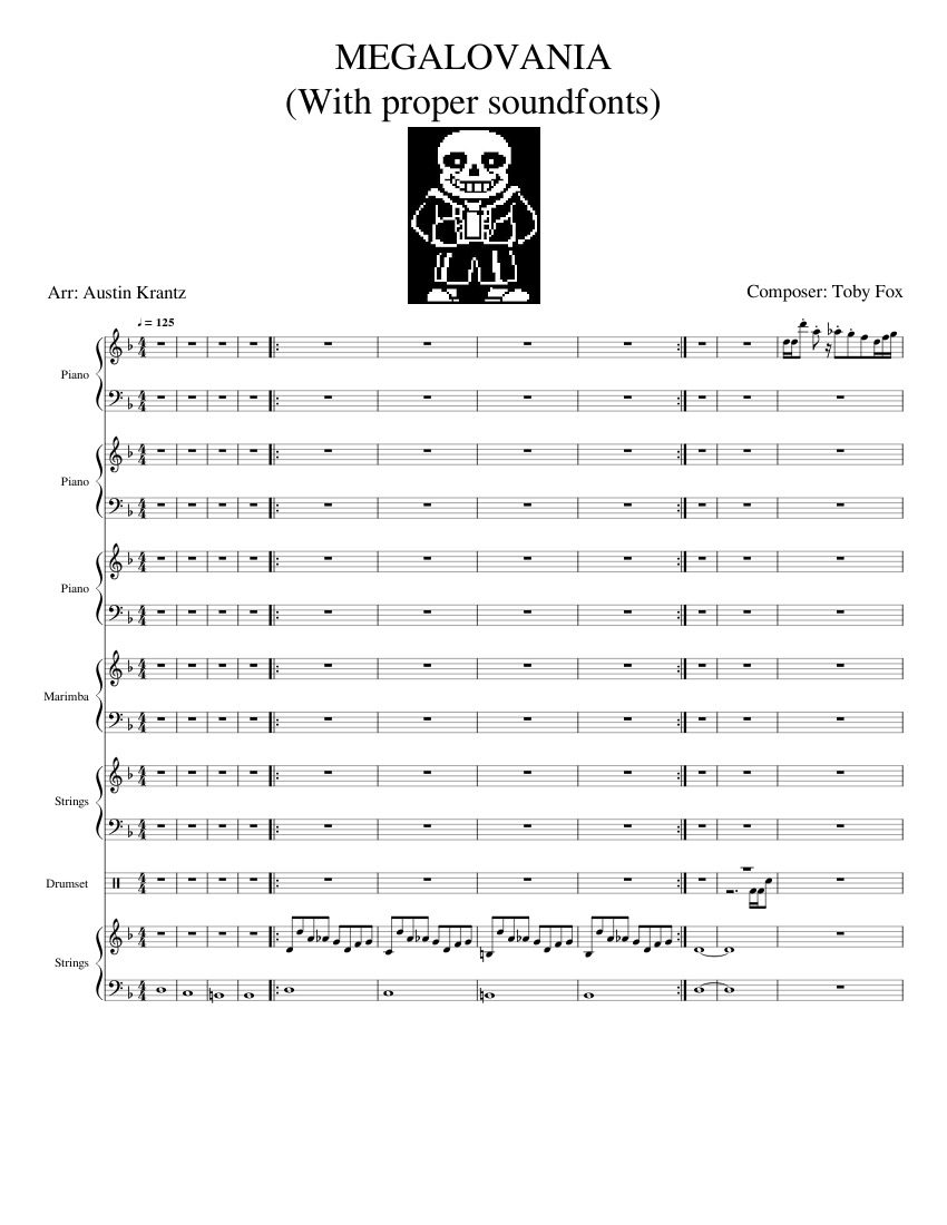 Megalovania Sheet music for Piano, Drum Group, Strings Group, Marimba (Mixed Ensemble