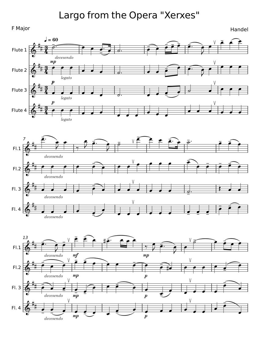 Largo from the Opera "Xerxes" - Handel Parker Sheet music for Flute (Mixed  Quartet) | Musescore.com