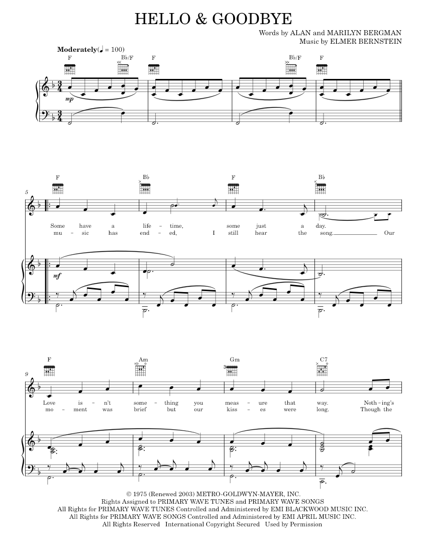 Hello And Goodbye Sheet Music For Piano Vocals By Elmer Bernstein