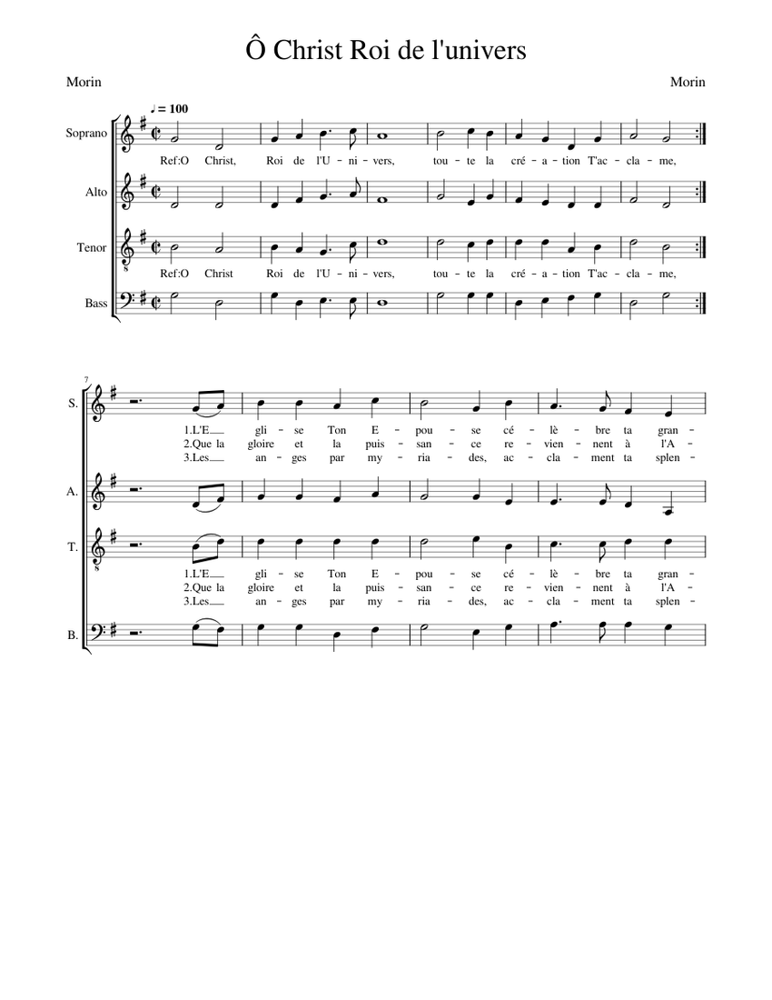 O Christ Roi De L Univers Morin Sheet Music For Soprano Tenor Alto Bass Choral Musescore Com