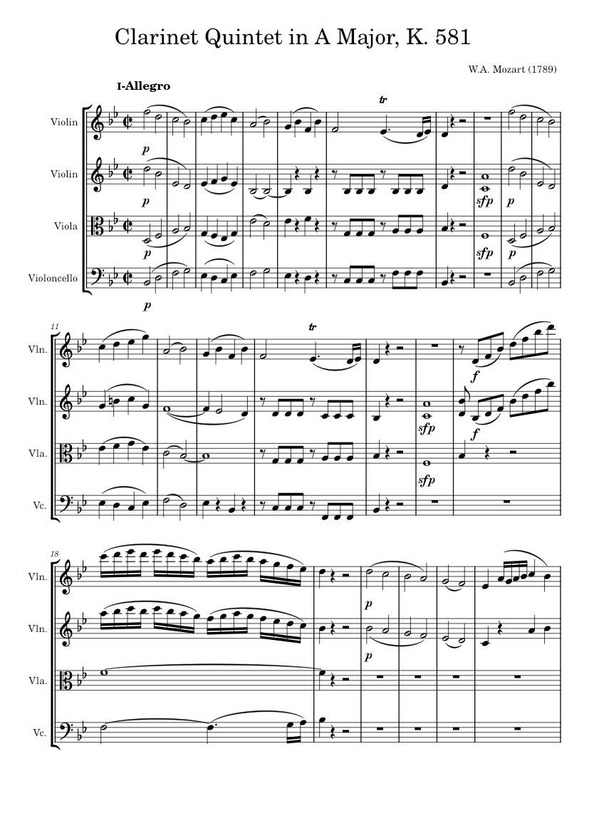 Mozart---Clarinet Quintet (in Bb) K.581 Sheet Music for Violin