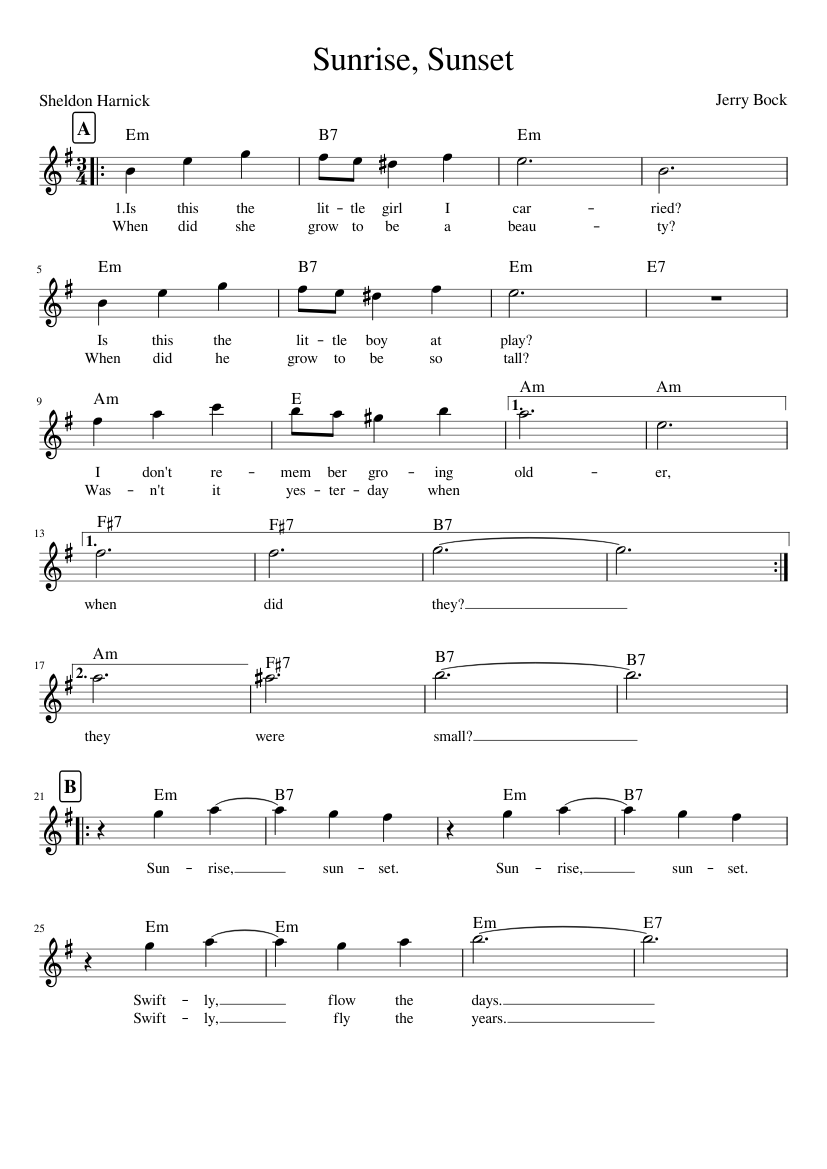 Sunrise, Sunset Sheet music for Piano (Solo) Easy | Musescore.com