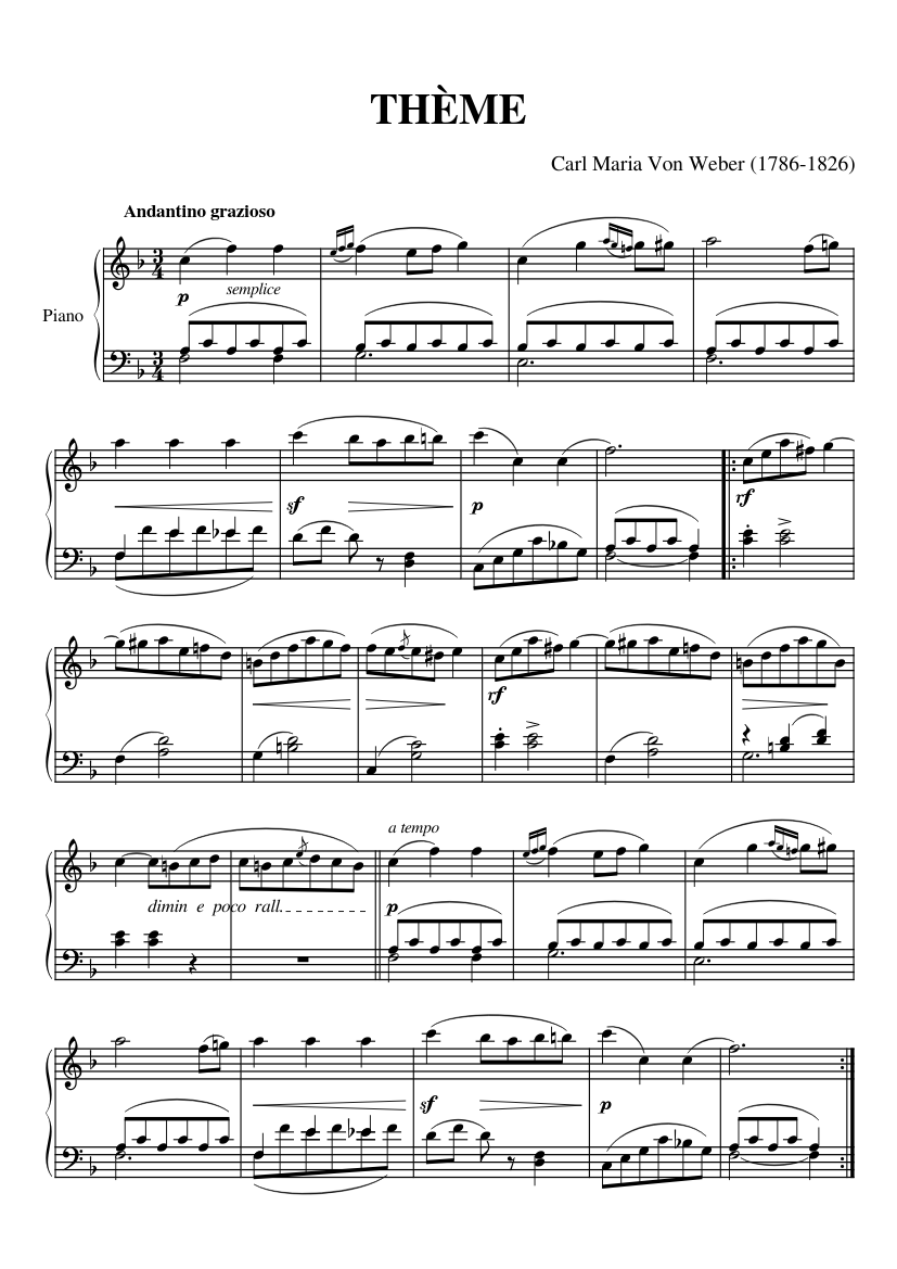 THÊME (Weber) Sheet music for Piano (Solo) Easy