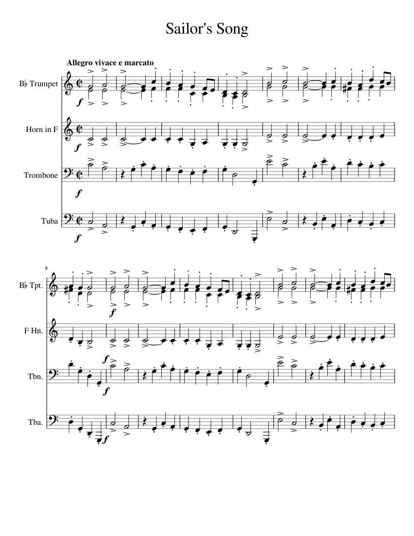 Sailor's Song Sheet music for Trombone, Tuba, Trumpet in b-flat, French horn (Mixed Quartet ...