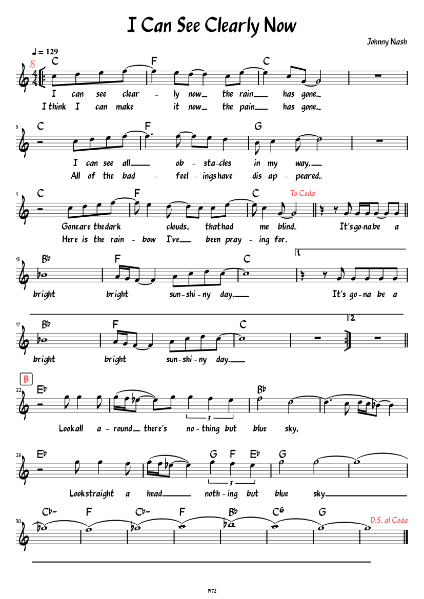 I Can See Clearly Now (Lead sheet with lyrics ) Sheet music for Piano