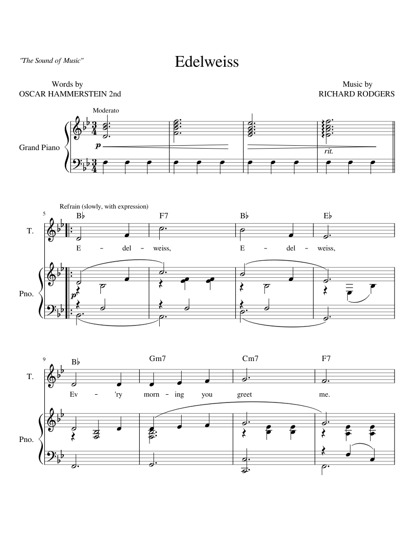 The Sound of Music - Edelweiss | Piano and Voice Sheet music for Piano,  Tenor (Piano-Voice) | Musescore.com