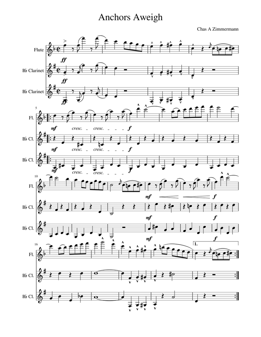 Anchors Aweigh Score Sheet music for Flute, in bflat