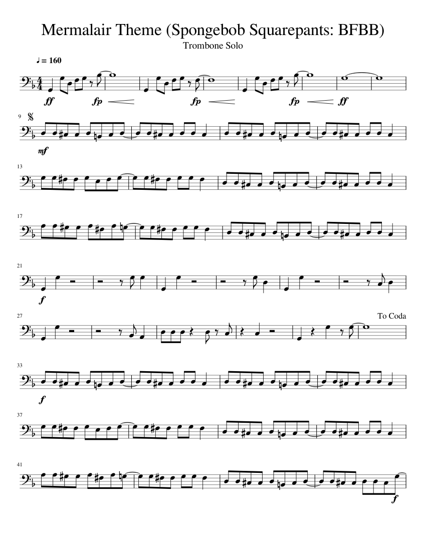 Mermalair Theme (Spongebob Squarepants: Battle for Bikini Bottom) -  Trombone Solo Sheet music for Trombone (Solo) | Musescore.com