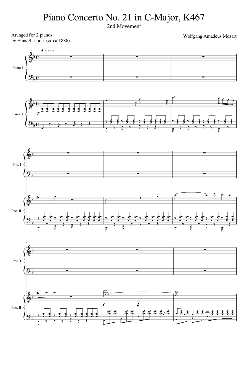 Mozart Piano Concerto No. 21, K467, 2nd Mvmt (Arr. for 2 pianos) Sheet  music for Piano (Piano Duo) | Musescore.com