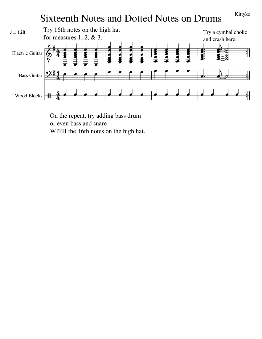 Sixteenth Notes and Dotted Notes on Drums Sheet music for Guitar, Bass ...