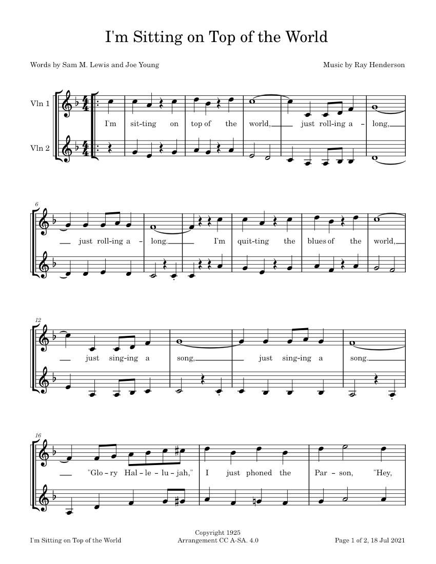 I'm Sitting on Top of the World – Ray Henderson Sheet for Violin (String Duet) | Musescore.com