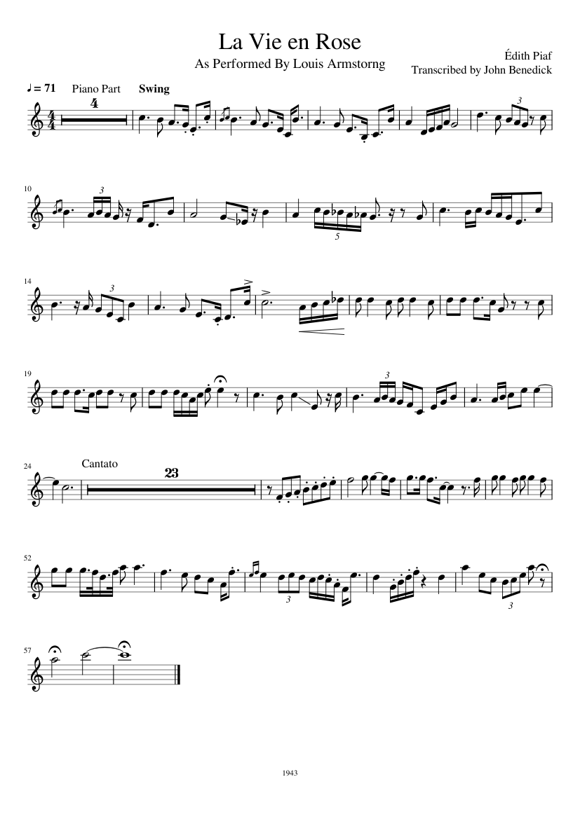 La Vie en Rose As Performed by Louis Armstrong (Concert Key) Sheet