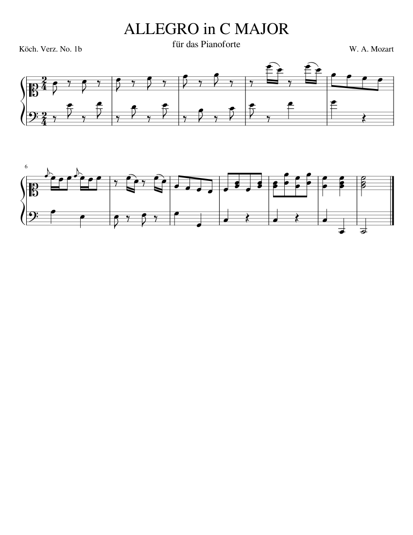 W. A. Mozart, Allegro in C Major, K1b. Sheet music for Piano (Solo ...