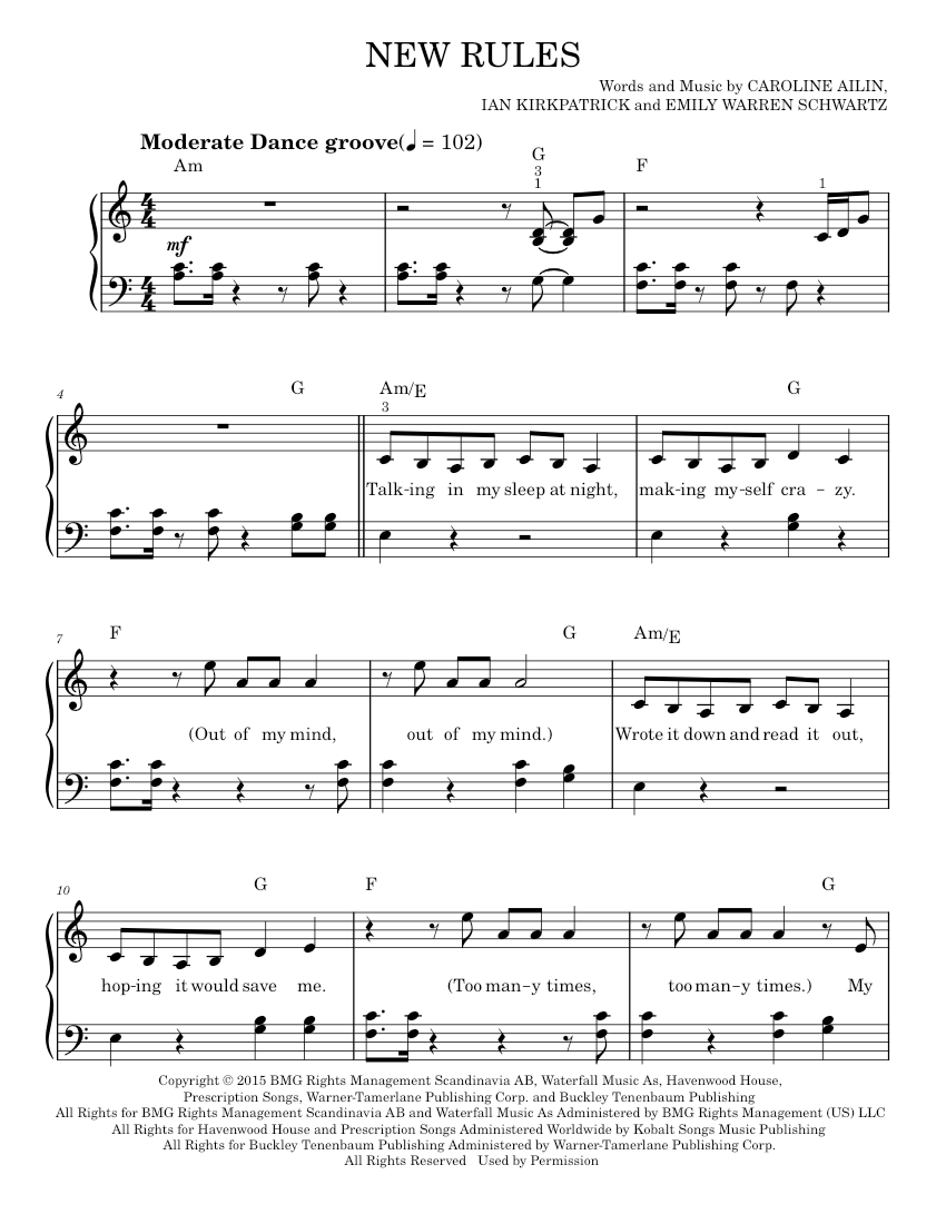 Play Official version of New rules Sheet Music by Dua Lipa for Piano ...