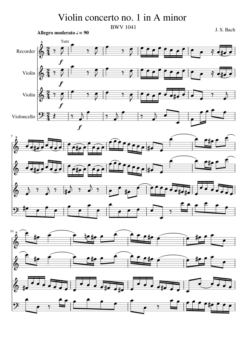 Bach Violin Concerto in A minor BWV 1041, four parts Sheet music for  Violin, Cello, Recorder (Mixed Quartet) | Musescore.com