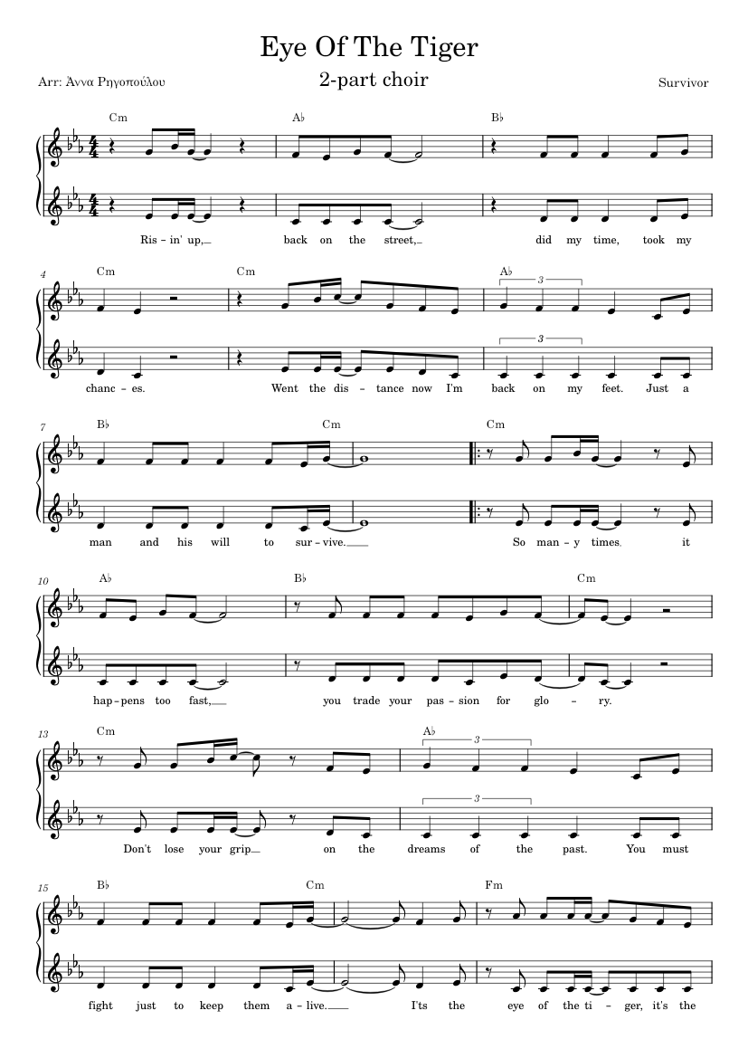 Eye of the tiger – Survivor (2-part choir) Sheet Music with Chords