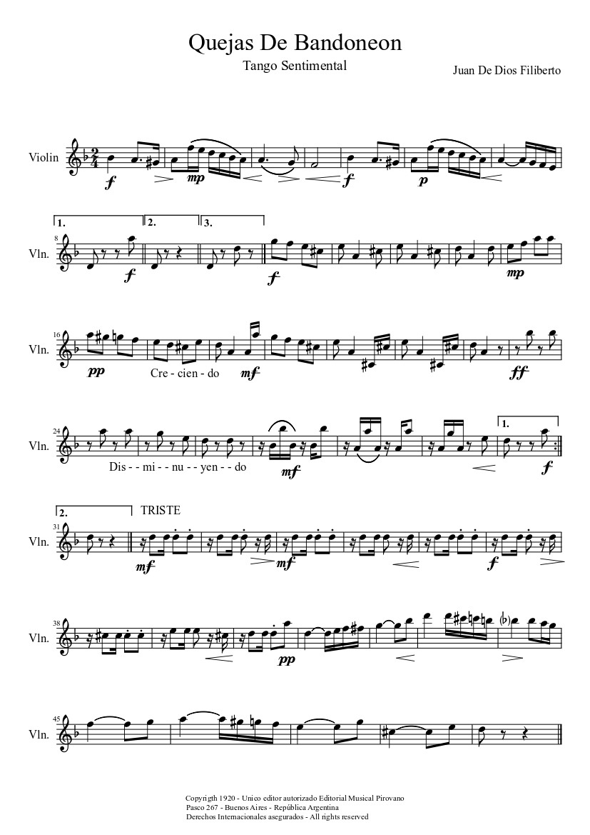 Quejas De Bandoneon (Tango para violín) Sheet music for Violin (Solo) |  Musescore.com